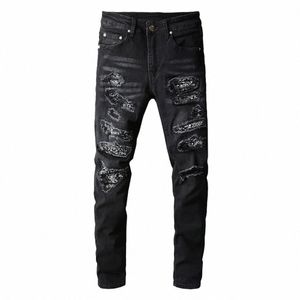 Heren Bandana Paisley Gedrukt Patchwork Stretch Jeans Streetwear Zwart Denim Potlood Broek Slanke Skinny Gescheurde Broek 08CF #