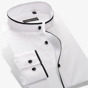 Camisas de vestir para hombre, cuello mao (cuello mandarín) con ribetes negros, diseño sin bolsillos, camisa informal fina de manga larga de ajuste estándar