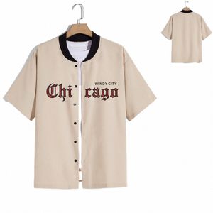 Mannen Honkbal Uniform Kaki Korte Mouw Brief Chicago Print Baseball Shirt Casual Straat Hip Hop Shirt Top c9GG #