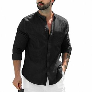 Chemises de plage pour hommes Casual Lg manches d'été chemise hommes Slim Fit simple boutonnage Tops mâle col montant Cott lin U9zt #