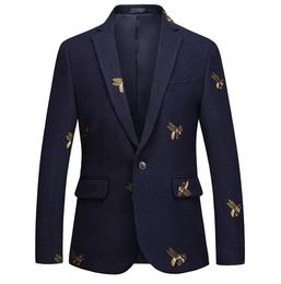 Chaqueta con bordado de abeja para hombre, chaqueta ajustada para boda, graduación, lana de Tweed para hombre, chaqueta de traje elegante