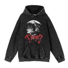 Heren Berserk Anime Retro Washed Hoodie Guts Graphics Gedrukte Sweatshirt Streetwear Hip Hop Pullovers Causal Unisex Sudaderas HKD230725