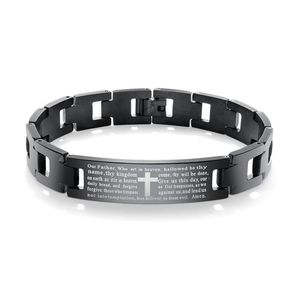 Bracelet homme motard noir chaîne lourde prière du Seigneur croix en acier inoxydable 2042