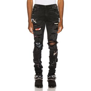 Jean déchiré peint brodé d'oiseaux noirs pour hommes Streetwear trous patchwork pantalon en denim stretch pantalon crayon skinny