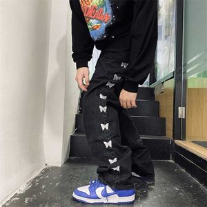 Jeans noirs pour hommes Harajuku Butterfly Broderie Hip Hop High Street Loose Straight Leg Daddy Pantalon Homme Pantalon 9Y5330 211108
