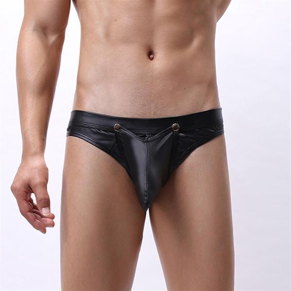 Bikini en cuir noir pour hommes G-String String Lingerie Sous-vêtements Slip Bulge Pouch Male Culotte T-back avec Buckle Pouch275j