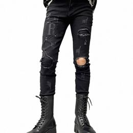 Lettres noires pour hommes R Jeans brodés Distred Ripped High Street Streetwear Patchwork Slim Fit Hole Skinny Jeans Hombre 58LO #