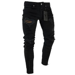 Heren zwarte gescheurde jeans, gewassen, gerafelde broek, ritssluiting, straatelastische broek