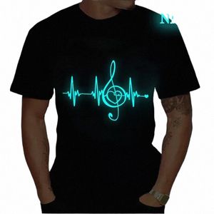 Chemises noires pour hommes T-shirts à manches courtes Tops d'été Note de musique Heartbeat T-shirts drôles pour hommes Design lumineux Tee Tops J4Ed #