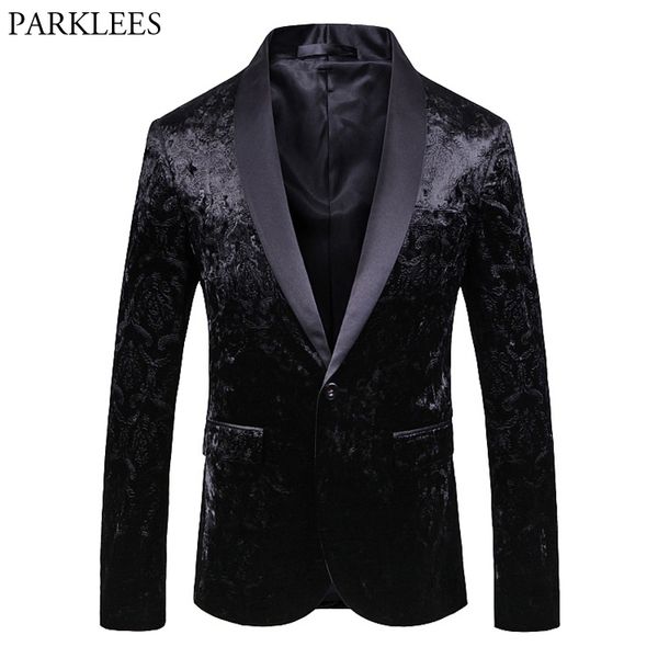 Velours noir pour hommes un bouton robe Blazer Floral Brozing col châle élégant dîner costume veste hommes mariage Blazer bal smoking 210522