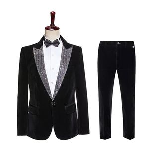 Black Velvet Suit voor herenpak Wedding Banquet Evening Party Host Tuxedo Suits Rainestones Rapel Collar Blazer Pants 2 -delige set zanger Stage Performance kostuum