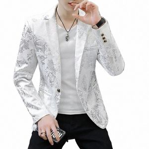 Blazer pour hommes Fi imprimé floral blanc noir Busin manteau décontracté Banquet fête de mariage Dr un bout à bout mâle vestes de costume mince 49Gy #