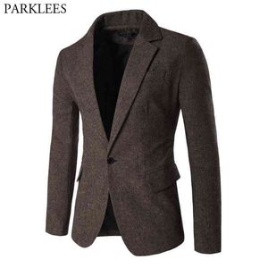 Heren Blazer Jasje Herringbone Sportjas Smart formeel Diner Katoen Suits Slim Fit One Button Notch Revers Casual Coat Coffee 210522