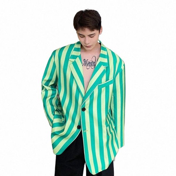 Blazers para hombres Hombre Fi Streetwear Chic Vintage Casual Suelto Verde Rayas Traje Blazer Abrigo Hombre Mujer Coreana Blazer Chaqueta E22T #