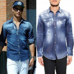 Chemise en Denim délavé à l'eau de javel pour hommes, coupe cintrée, manches longues, Vintage, couleur unie, chemises de Cowboy, Man301N