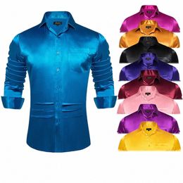 Heren Blauw Rood Wit Zwart Satijn Dr Shirts Zijde Glad Mannen Tuxedo Shirt Lg Mouw Bruiloft Prom Casual Mannen kleding U03D #