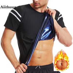 Body Shapers pour hommes Aiithuug Sauna Suits Hommes Taille Trainer Body Shaper Manches courtes White Stripe Body Building Corsets Gym Chemises Perte de poids Slim 230425