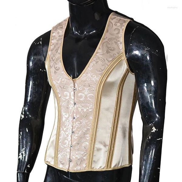 Hommes Body Shapers Mâle Corset Gilet Tummy Control Taille Entraîneur Imprimer Gilet Médiéval À Lacets Désossé Réservoirs Serrés Costume De Scène Hauts De Fête