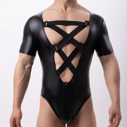 Hommes Body Shapers Hommes Body Cross Bandage Sexy Gay Erotic Teddies Sous-Vêtements Faux Cuir Singlet Culottes Lingerie Combinaisons Une Pièce