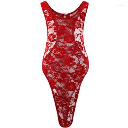 Heren Body Shapers Mannen Fun Ondergoed Rose Kant Doorschijnend Hoge Vork Strakke Body Shaping Jumpsuit Slips Hombre Turnpakje Nachtkleding