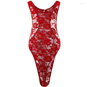 Body Shapers pour hommes Hommes Fun Sous-vêtements Rose Dentelle Translucide Haute Fourche Serrée Body Shaping Combinaison Slip Hombre Leotard Vêtements de nuit