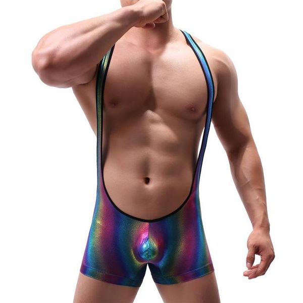 Hommes Body Shapers Hommes Combinaisons Rainbow Sexy Pénis Poche Bodys Lutte Singlets Boxer Shorts Bodybuilding Mâle Undersh283F