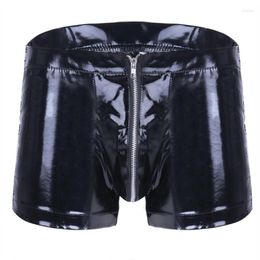 Heren lichaamshapers heren lederen fetisj -bokser veter naast heren sexy open kruis korte broek voor seks latex bodycon ritsless crotchless