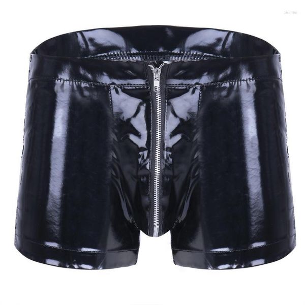 Body Shapers pour hommes Boxer fétiche en cuir pour hommes à lacets à côté des pantalons courts à entrejambe ouverte sexy pour hommes pour le sexe Latex Bodycon Zipper Crotchless