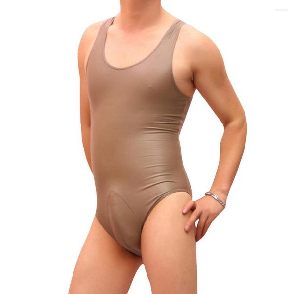 Hommes corps Shapers hommes Sexy une pièce maillot de bain justaucorps serré ajustement haute élastique Faux cuir sous-vêtements élégant