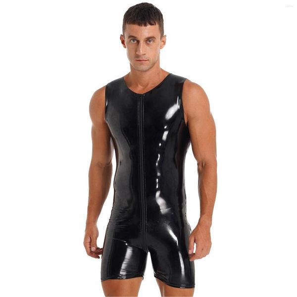 Body Shapers para hombres Lencería para hombre Cremallera Body de charol Monos sin mangas con cuello redondo brillante Ropa de club negra para baile en barra Rave