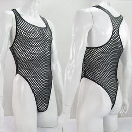 Mannen Body Shapers Mens String Back Bodysuit Rekbare High Cut Racer Back G1289 Big Net C-thru 230606