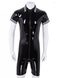 Body Shapers pour hommes S-7XL à manches courtes Mens Wet Look PVC Catsuit Combishorts Brillant PU Cuir Zipper Ouvert Entrejambe Body Collants Teddies
