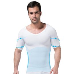 Moldeadores de cuerpo para hombres, camiseta moldeadora con cuello en V, camisetas de compresión para hombres, camisetas de entrenamiento de cintura y abdomen adelgazantes de manga corta, ropa moldeadora 215f