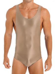 Heren lichaamsvormen zwemkleding mannen glanzen rekbaar bodysuit lingerie kostuum worstelen singlet turnard mager jumpsuit mouwloze bodybuilding