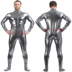 Costume de corps pour hommes Costumes avant longue fermeture éclair gris argenté brillant Lycra métallique hommes Costume de chat tenue sans tête main Halloween2406