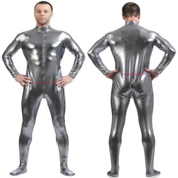 Costume de corps pour hommes Costumes avant longue fermeture éclair gris argenté brillant Lycra métallique hommes Costume de chat tenue sans tête main Halloween248I