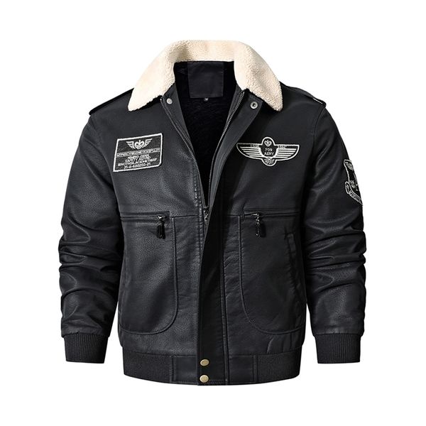 Chaqueta Bomber de cuero para motocicleta para hombre, abrigo de vuelo militar marrón Vintage, chaqueta de invierno de piel sintética de piel de cerdo de talla grande 211008