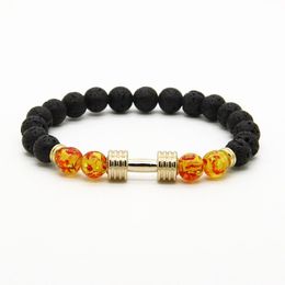 Heren Armbanden Hele Nieuwe ontwerpen Metalen Nieuwe Barbell 8mm Amber Kralen Lava Rock Stone Fitness Mode Halter Bracelets248N