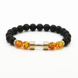 Herenarmbanden Hele Nieuwe ontwerpen Metalen Nieuwe Barbell 8mm Amber Kralen Lavasteen Steen Fitness Mode Halter Bracelets325L