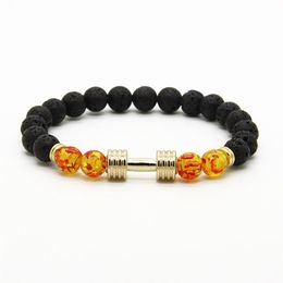 Mannen Armbanden Hele Nieuwe ontwerpen Metalen Nieuwe Barbell 8mm Amber Kralen Lava Rock Stone Fitness Mode Halter Bracelets220f