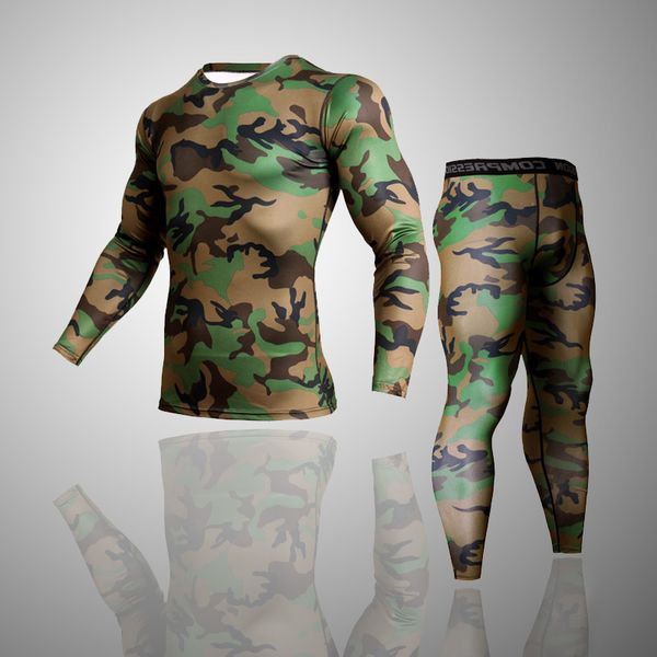Ropa de marca para hombres Camuflaje del ejército Ropa interior térmica Conjunto de chándal Crossfit Fitness Shirt Hombres Leggings 2 piezas Rashgarda MMA LJ201126