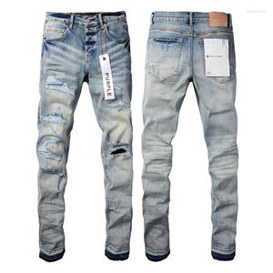 Heren merk paarse jeans Man zwarte High Street verf Graffiti patroon beschadigd gescheurde skinny broek denim broek