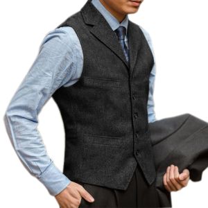 Gilet de costume britannique en Tweed à chevrons pour hommes, robe formelle d'affaires, gilet à revers cranté, sans manches, décontracté