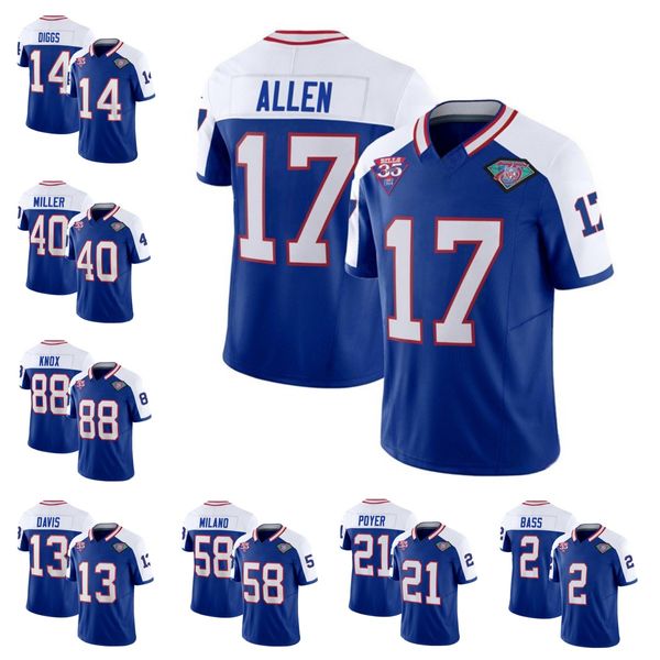 Buffalo''Bills''Josh Allen Stefon Diggs Von Miller Bleu/Blanc 2023 F.U.S.E.Maillot cousu de football limité Vapor Untouchable du 75e anniversaire