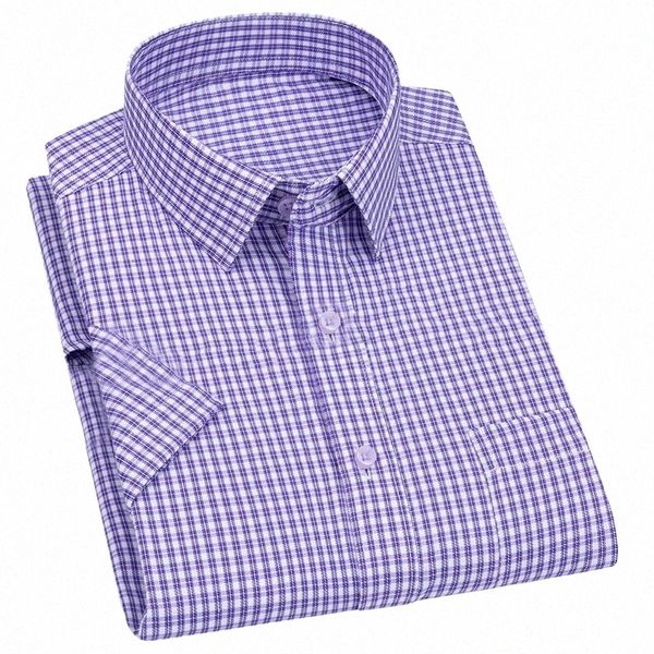 Busin de los hombres ocasionales camisa de manga corta clásica a rayas a cuadros a cuadros masculino social dr camisas púrpura azul 6xl más tamaño grande 63fY #