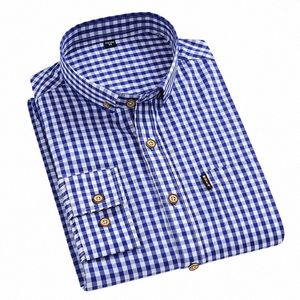 Camisa de algodón a cuadros de manga larga con botones a tope para hombre, bolsillo con parche único, calidad informal, ajuste regular, camisas a cuadros Dr p5c8 #