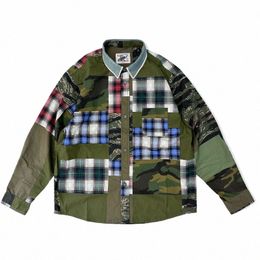 Hommes Camoue Patchwork Plaid style militaire Lg chemise à manches Vintage lâche chemise décontractée manteau pour homme P4Rz #