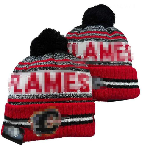 Casquettes pour hommes Flames Beanies Calgary Beanie Hats Toutes les 32 équipes tricotées à revers Pom rayé Sideline laine chaude USA College Sport Knit Hat Casquette de hockey pour femmes A0