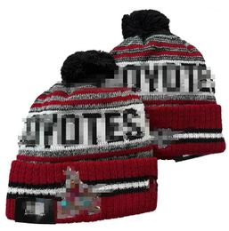 Casquettes pour hommes Chapeaux de ballon de hockey Bonnet Coyotes Toutes les 32 équipes Bonnets tricotés à revers Pom Kraken Bonnets rayés en laine chaude USA College Sport Chapeaux tricotés Casquette pour femmes a0