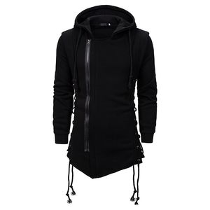 Sudaderas con capucha negras informales para hombre, suéter gótico de lana con cordones laterales a la moda, Poncho con cremallera de longitud larga de Hip Hop, capa, capa, dobladillo irregular, sudadera con capucha para hombre, abrigo cálido